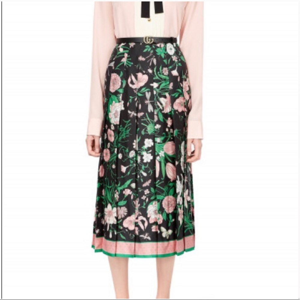GUCCI Black Floral Silk Pleated Skirt